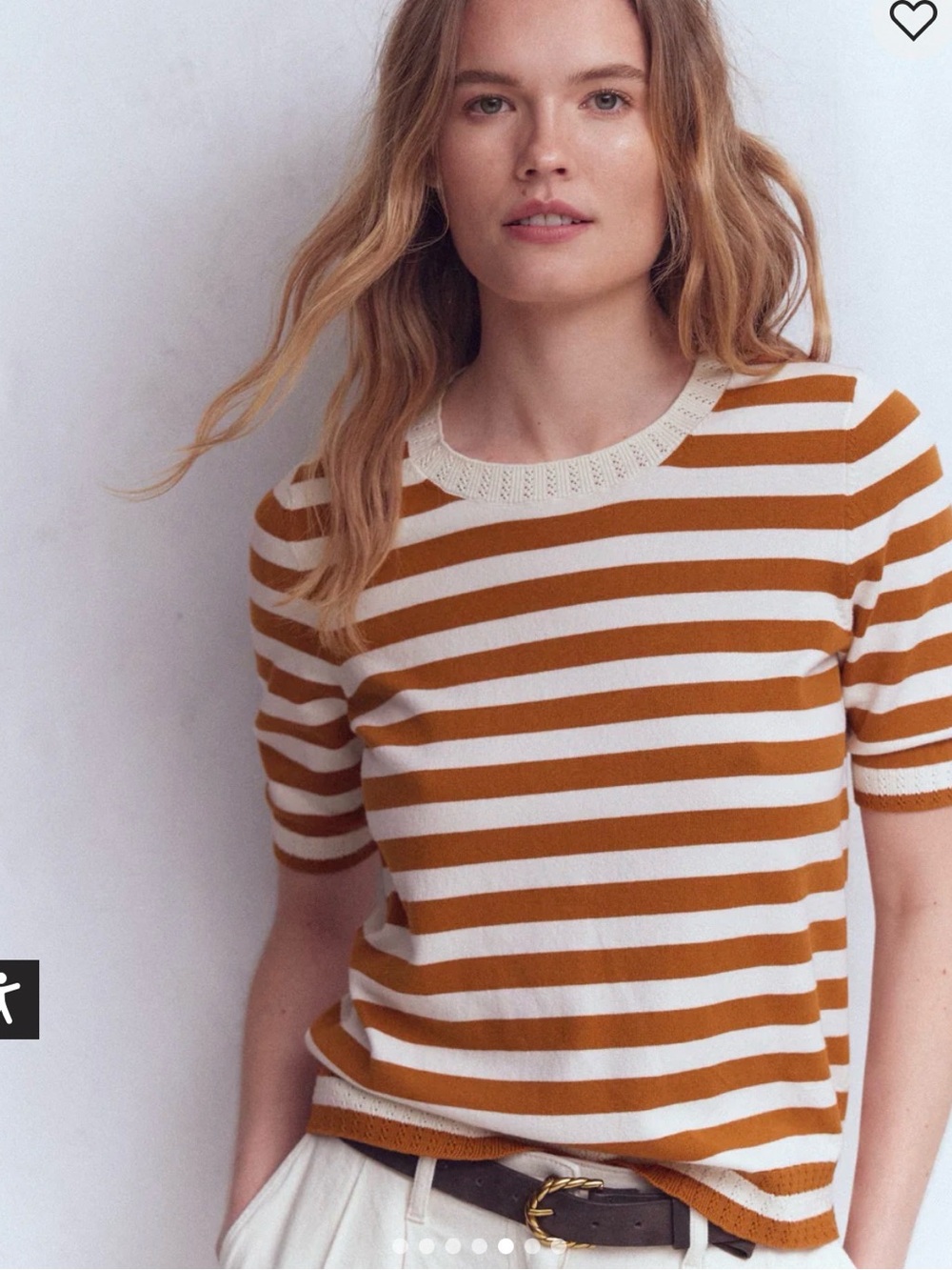 Boden Cream and Rust-Striped Short-Sleeve Crewneck Sweater - Picture 2 of 11